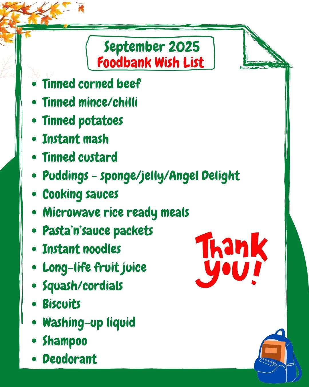 List of items urgently needed for the Food Bank this month